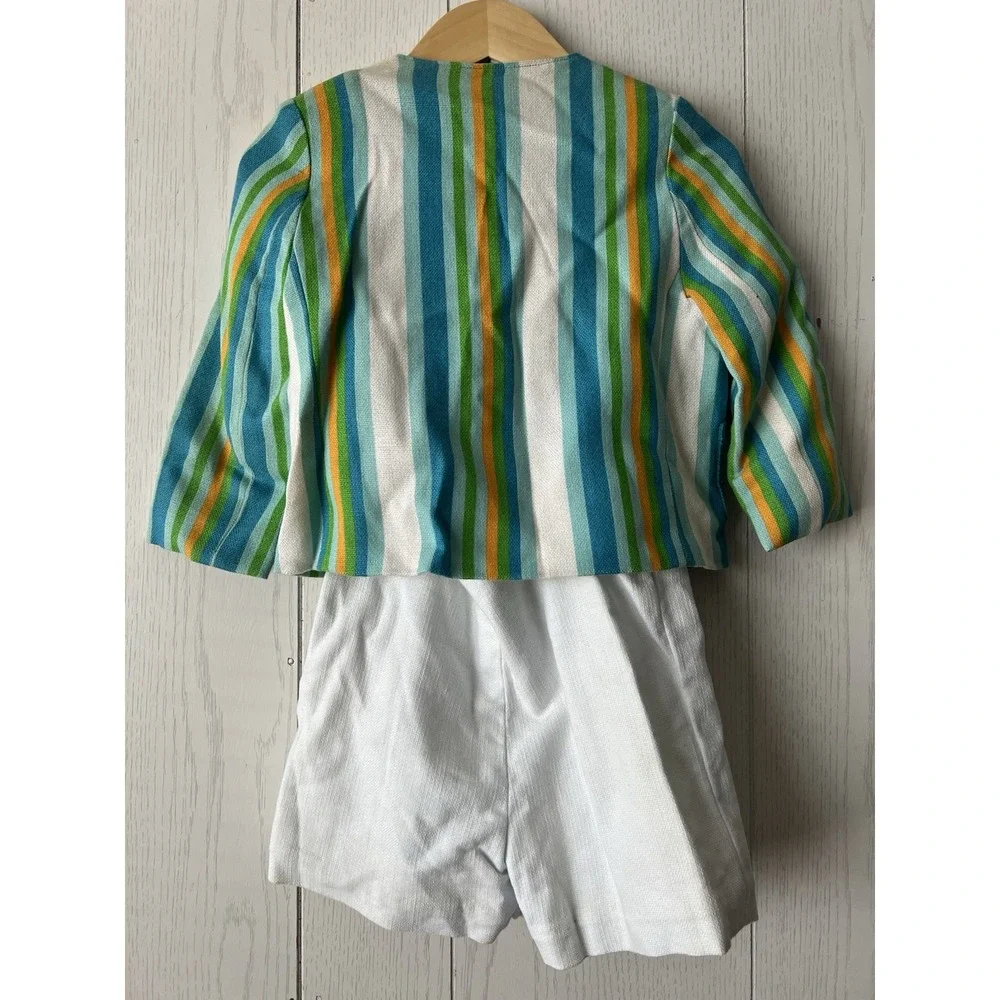 Vintage 1960's  Merry Mites 3T Set Jacket Blue Green Orange Strip Shorts Wedding